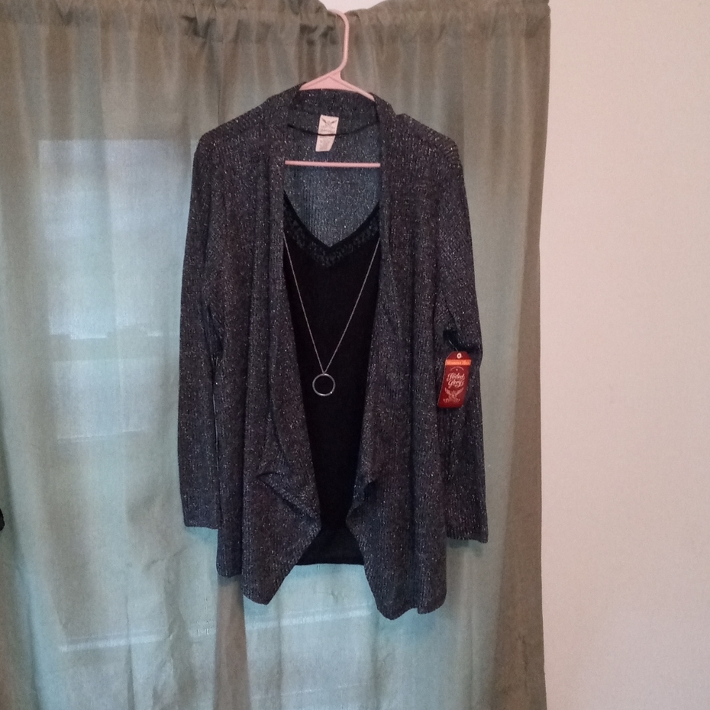 Cardigan/shrug w/ attached cami and necklace.